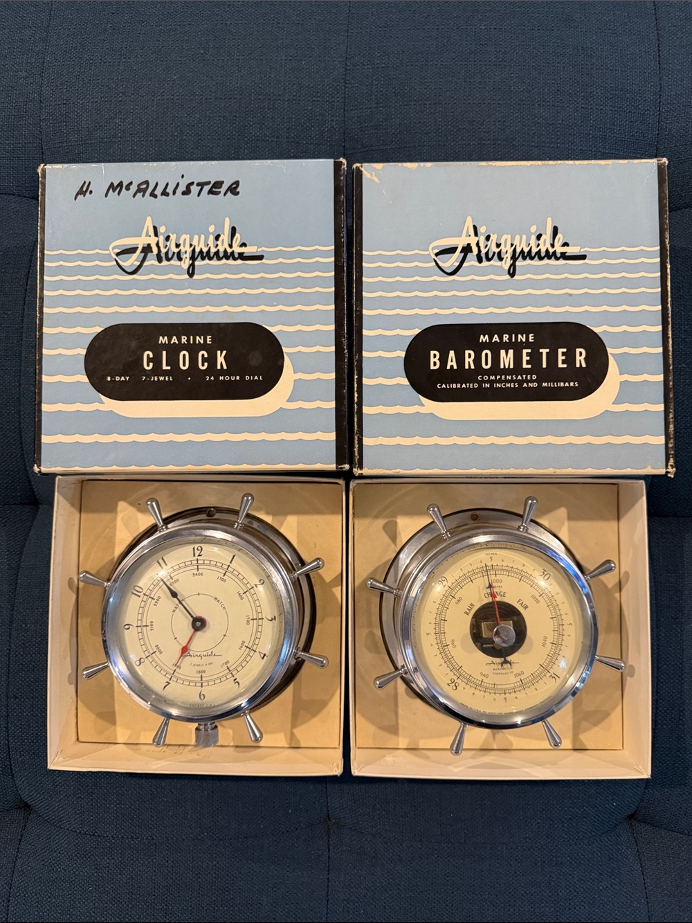 Vintage Airguide Marine Clock & Barometer Boxed Set - Light Blue box & inserts